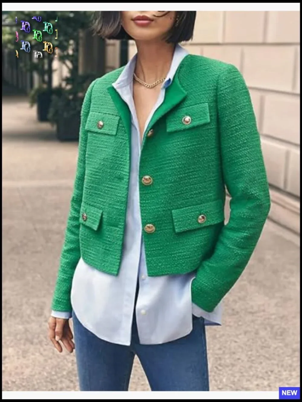 Cropped Tweed Blazer Collarless Slim Fit Business Casual Elegant Outfit